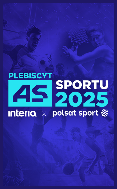 Grafika promująca Plebiscyt AS Sportu Interii i Polsatu Sport 2025, przedstawiająca sylwetki sportowców w ruchu: piłkarza, tenisistkę, koszykarza. Dominuje ciemnoniebieskie tło z elementami graficznymi.