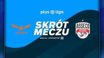 Logo Plus Ligi z napisem "SKR&Oacute;T MECZU" pośrodku, po lewej stronie logo Barkom-Każany Lw&oacute;w, po prawej logo Asseco Resovii Rzesz&oacute;w.