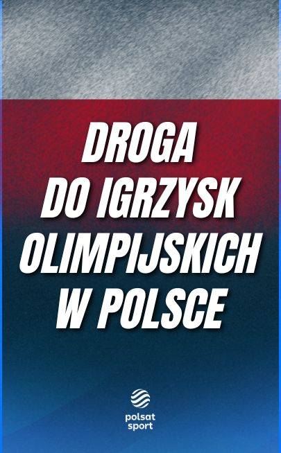 Napis "Droga do Igrzysk Olimpijskich w Polsce" na tle gradientu od czerwonego do granatowego.
