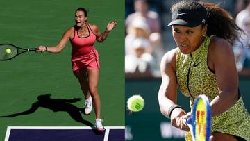 Dwie tenisistki grające w meczu. Po lewej stronie kobieta w r&oacute;żowej sukience odbija piłkę rakietą. Po prawej stronie kobieta w ż&oacute;łto-zielonej koszulce jest w trakcie uderzenia.